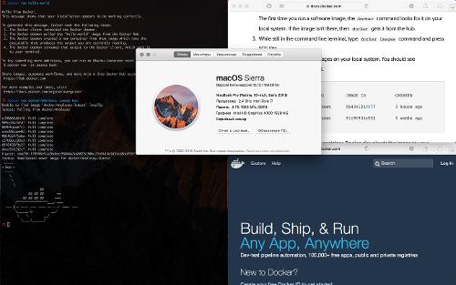 Скриншот: macOS Sierra, iTerm2, fish, Docker/xhyve, kwm (tiling), Swift Playground