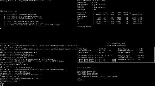 Скриншот: linux-0.01 скомпилированный в minix-386 и запущенный в эмуляторе 86box