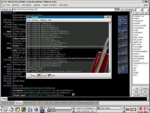 My first screenshot. KDE 2.2.2 + XChat + konsol + gkrellm